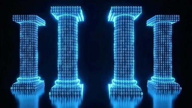 Four Digital Pillars Made of Binary Code Symbolizing the Foundation of a Technological System