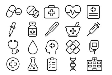 Medicine and healthcare outline icons set for design, cards, apps, and social networks. Vector cartoon illustration with medical symbols, equipment, pills, heart, syringe, and hospital.