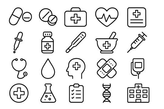 Medicine and healthcare outline icons set for design, cards, apps, and social networks. Vector cartoon illustration with medical symbols, equipment, pills, heart, syringe, and hospital.