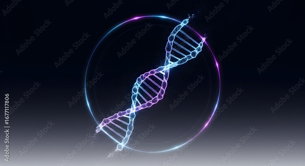 Poster digital rendering of a glowing dna helix structure with abstract neon light circles on a dark backgr