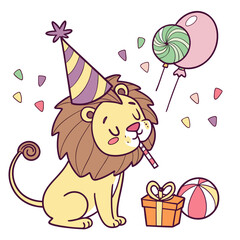 Amused expression on a Lion in a Birthday theme, with with a stuffed animal – Candy Shop vector art