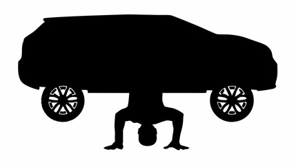 Silhouette of a car balanced on a person performing a headstand in a black and white graphic design