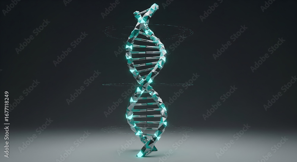 Poster abstract 3d render of polygonal dna double helix structure with glowing teal accents on a dark backg