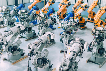Robotic machine factory. Robot arm machinery assembly plant, showroom storage warehouse space