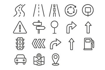Road Outline Simple Linear Icons Collection, Editable Stroke Vector Set for Websites, Books, Cards, Apps, Navigation and Transport Design, Cartoon Style with Transparent Background