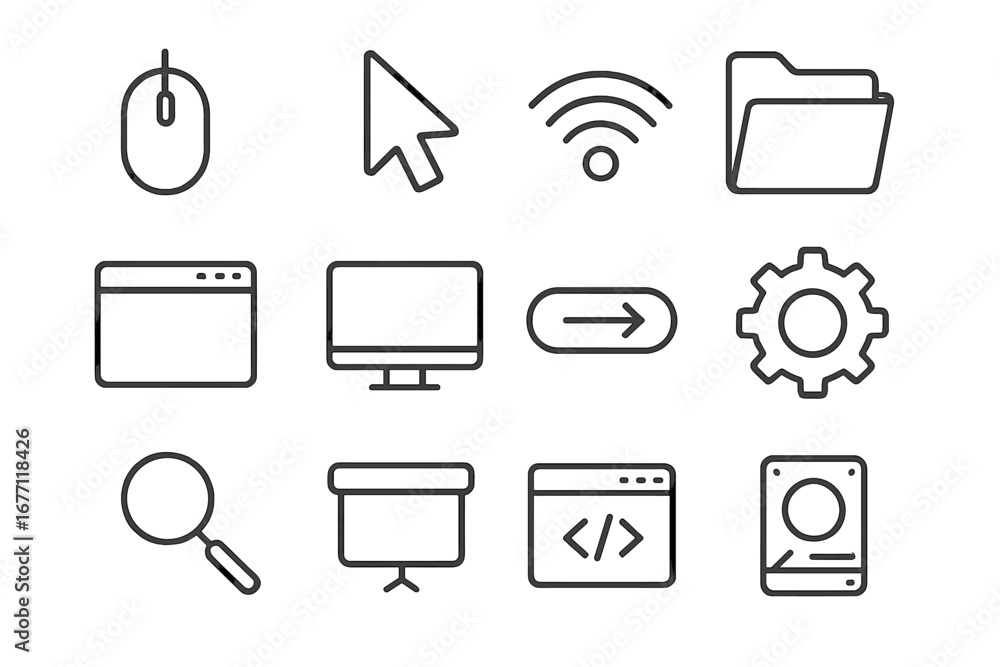 Poster set of computer desktop line icons with editable strokes for design, websites, apps, cards, includin