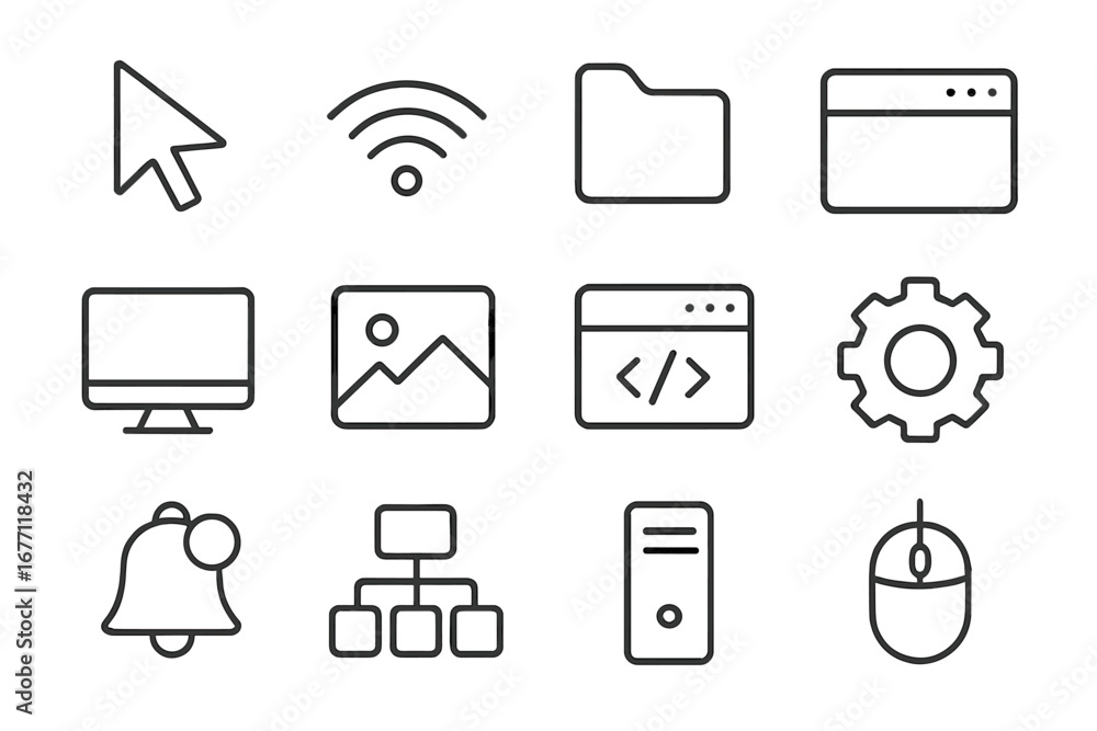 Poster set of computer desktop related line icons with editable stroke for design, websites, apps, and card