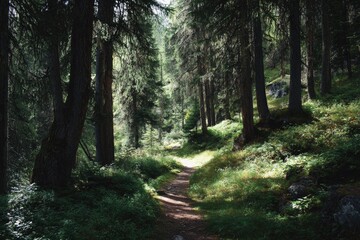 Obraz premium Sunlit path through a dense forest (1)