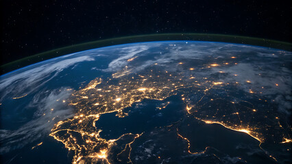 Obraz premium Illuminated earth at night showing europe s vibrant city lights from space