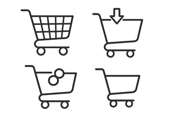 Set of minimalistic thin line shopping cart icons with editable stroke for websites, apps, books, cards, and digital projects, transparent background, vector cartoon illustration