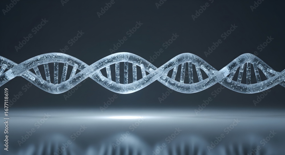 Poster glowing abstract dna helix with integrated circuit patterns on a dark background, representing genet