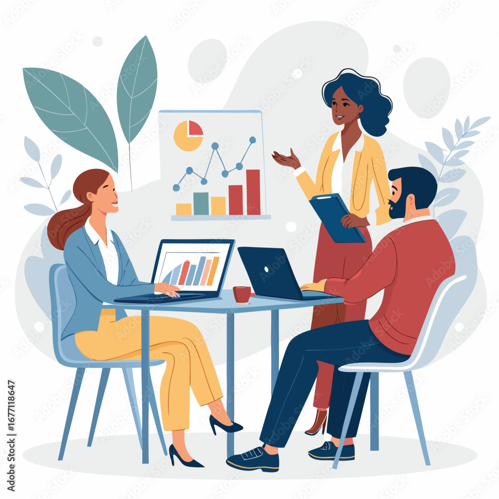 Poster vector art of diverse business team having a meeting in the office, discussing project strategy and 