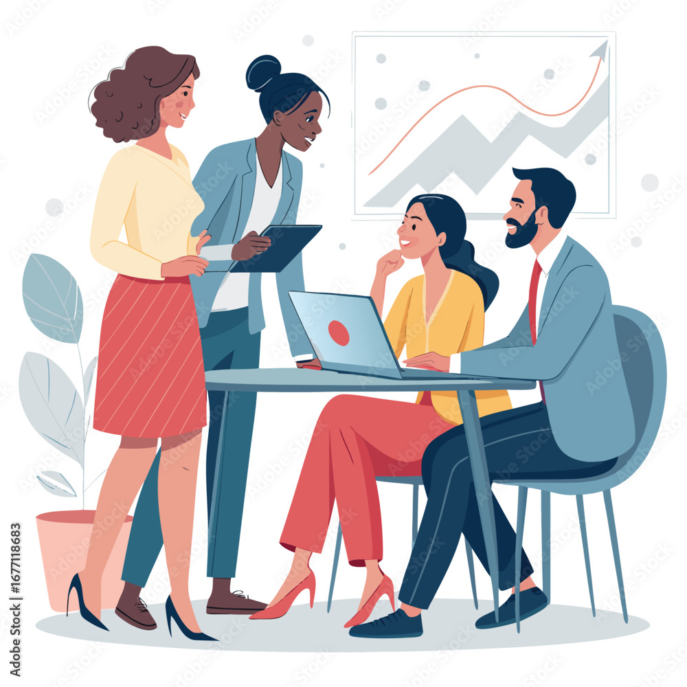 Poster vector art of diverse business team having a meeting in the office, discussing project strategy and 