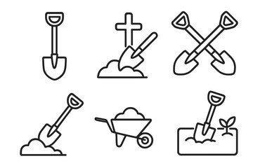 Set of shovel icons line art style for web, books, cards, and apps, editable stroke vector illustration including gardening, digging, wheelbarrow, burial, and planting symbols