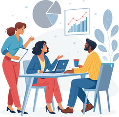 Vector art of business team discussing project strategy and planning in a meeting, analyzing charts and graphs, working on laptops in the office