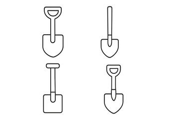 Shovel Thin Icon Collection, Editable Stroke Vector Set for Web, Books, Cards, Apps, Cartoon Style, Transparent Background, Garden Tools, Construction Icons, Digging Symbols