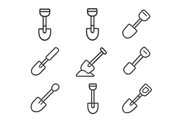 Set of thin shovel icons with editable strokes, perfect for websites, books, apps, cards, and vector illustrations, cartoon style, transparent background, ordered collection