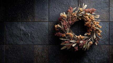 Naklejka premium A black-tiled wall with autumn wreath, minimal seasonal accents on charcoal counter