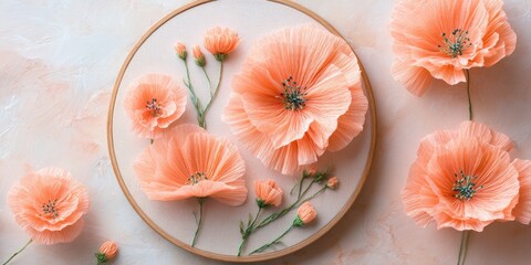 Delicate peach-colored paper flowers arranged in a hoop