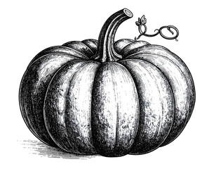 Vintage pumpkin drawing with stem and tendril, black and white autumn harvest vegetable sketch isolated on white background