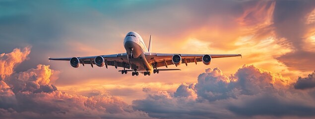 Large passenger jet descends through colorful sunset clouds