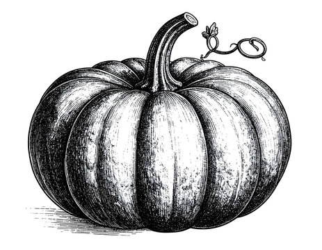 Vintage pumpkin drawing with stem and tendril, black and white autumn harvest vegetable sketch isolated on white background