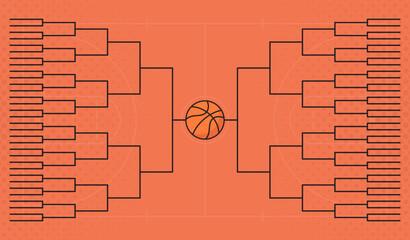 Basketball tournament bracket chart with court background, perfect for sports events, competition planning, and athletic promotional materials.
