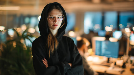 Focused Female Coder in Modern Tech Office at Night