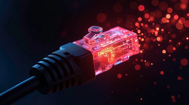 Close-up of a glowing red ethernet rj45 connector plugged into a black cable with sparks and digital particles flowing from the tip, symbolizing fast data transfer or high-speed internet