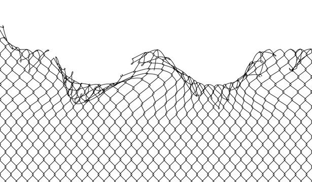 Broken chain link fence with torn wire mesh, suitable for security concepts, boundaries, and industrial or urban design projects.
