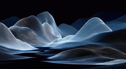 Abstract digital landscape, glowing, wireframe mountains