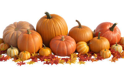 Autumn Harvest Pumpkins and Gourds on Colorful Fall Leaves on transparent background