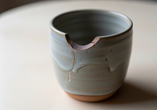 Handcrafted ceramics cup with chip and crack on neutral background - Powered by Adobe