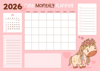 2026 May. Calendar, Monthly Planner with Cute Horse Horse Girl with Flower. Organizer for Month, To-Do list and Note, memo. Vector Pink Horizontal Template with Kawaii pony. Eastern Symbol 2026 Not AI