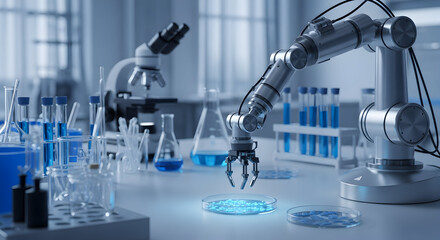Modern future concept technology. Modern clean room laboratory with robotic arm dispensing liquid into vials, concept of automation and scientific research