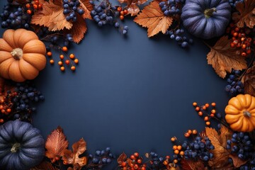 Autumnal frame of pumpkins, berries, and leaves on a dark blue background