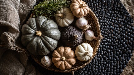Fototapeta premium Delicate fall veggies placed over woven charcoal placemat, cozy styling, neutral palette