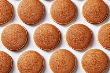 Many round, light brown pancakes arranged in a grid pattern on a white surface.  Each pancake is a uniform, slightly textured circle