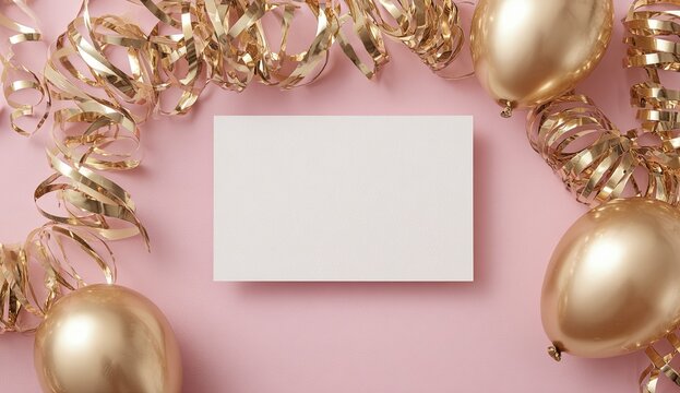 Blank white card surrounded by gold confetti, streamers, and balloons on a pink background - Powered by Adobe