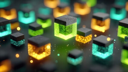 Abstract glowing cubes network, illuminated digital data