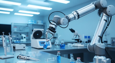 Modern future concept technology. Modern laboratory with robotic arm dispensing liquid into vials, concept of automation and scientific research
