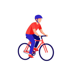 Fototapeta premium A person wearing a helmet rides a red bicycle on a white background.