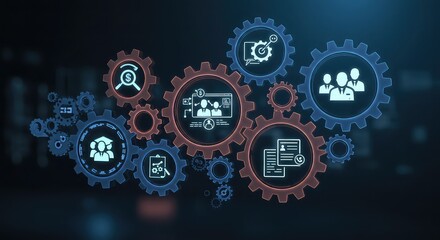 Dynamic gears interlock, visualizing seamless business process integration, progress, and teamwork for corporate success and innovation.