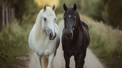White and black horses walking together on forest path with bokeh background, highlighting mane texture and natural serenity.