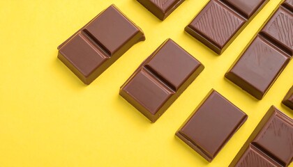 Fototapeta premium Dark chocolate bars arranged on yellow background