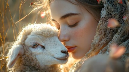 A woman gently kisses a newborn lamb amidst a floral embrace