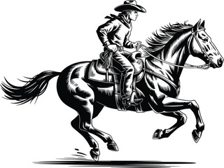 Obraz premium Cowboy riding horse, vintage black and white western illustration, dynamic equestrian scene, rodeo action artwork, wild west drawing