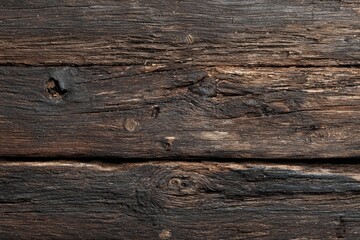Close-up of weathered, dark brown wooden planks