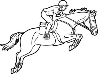 Equestrian jumping horse, black and white line art illustration, competitive rider, show jumping scene, elegant sports horse drawing