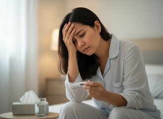 Asian woman in pajamas with fever from chikungunya virus checking thermometer at home
